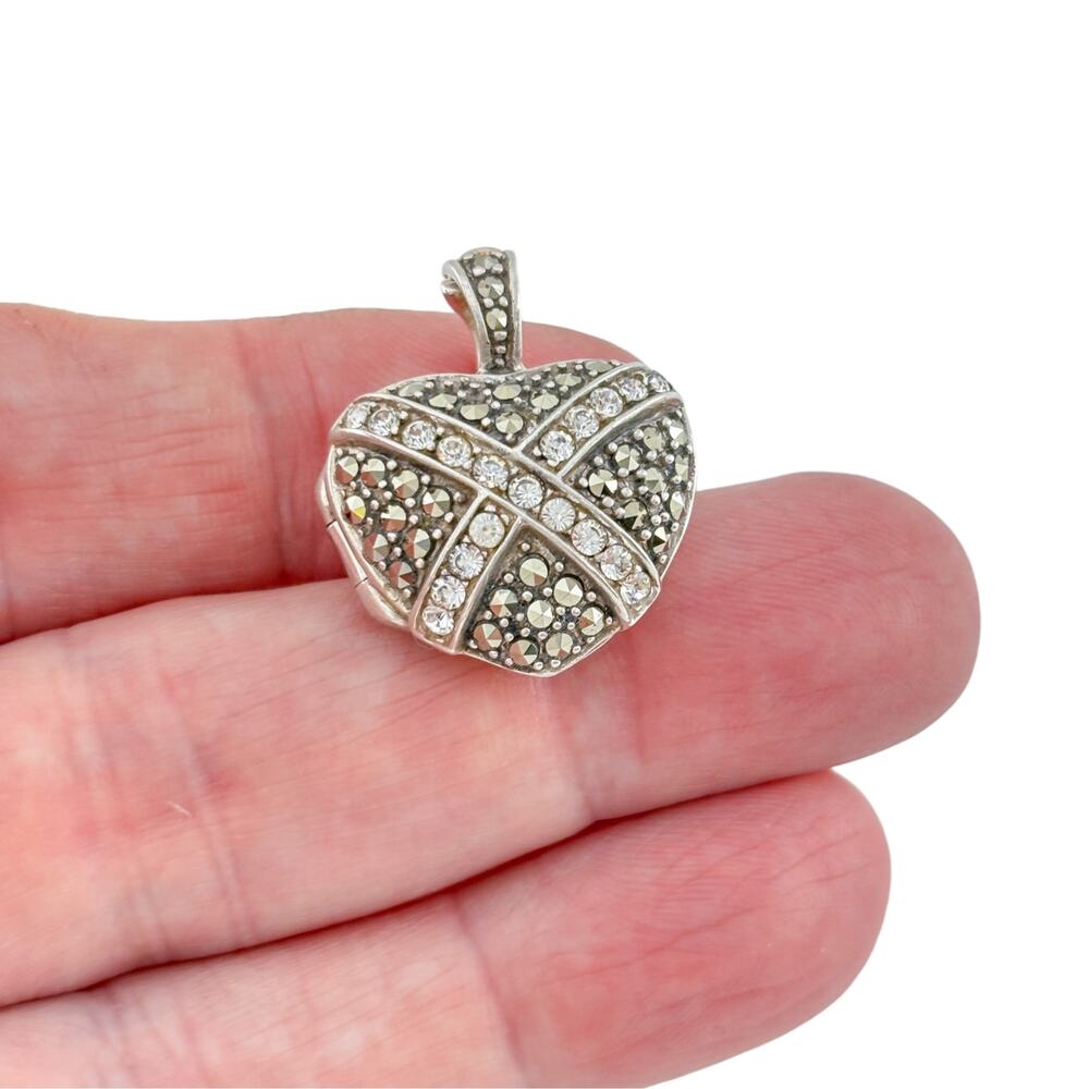Vintage Sterling Silver 925 Marcasite Cubic Zirconia Heart Locket